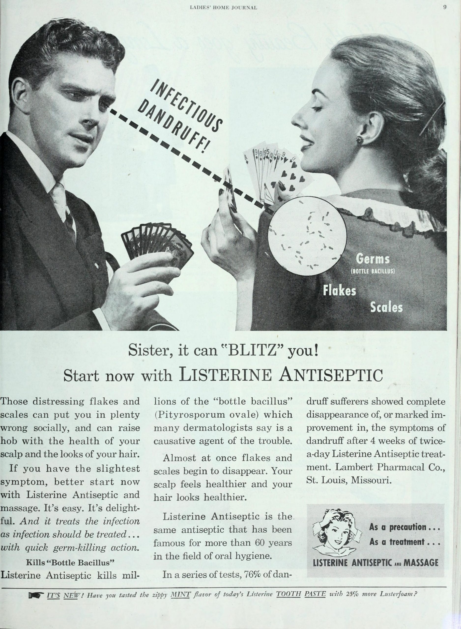 black and white ad of man and woman with the man looking at the woman's dandruff