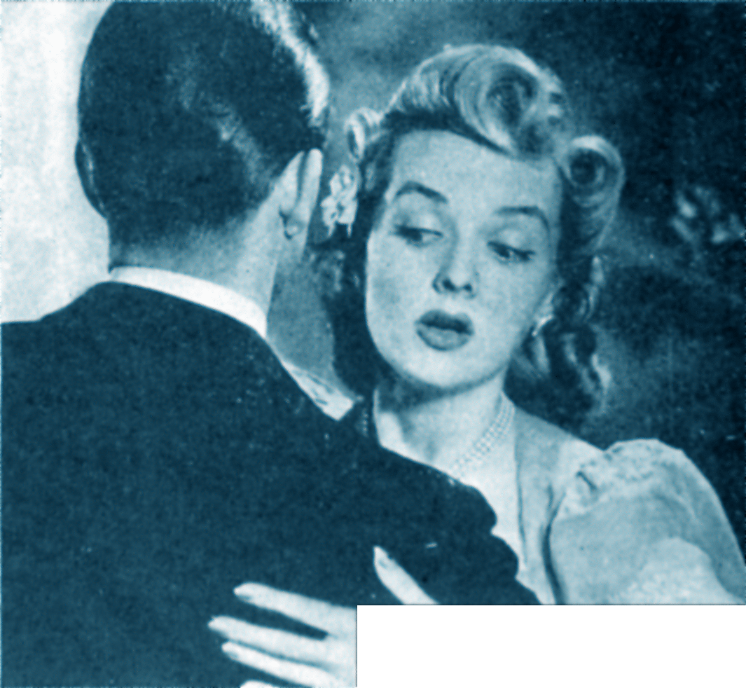 An old black and white ad with a woman looking at the sholder of a man peering at his dandruff