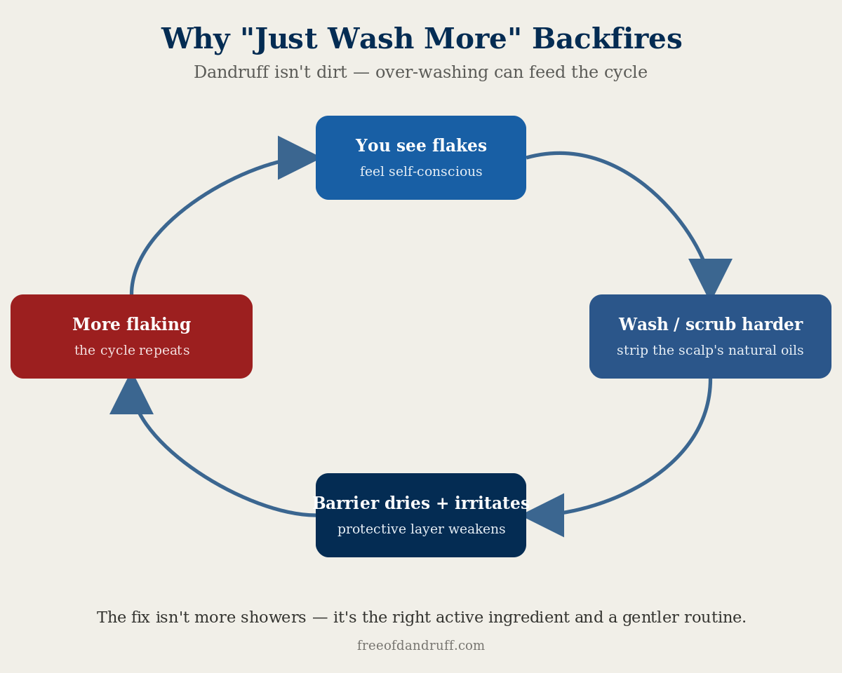 Cycle diagram: over-washing strips scalp oils, weakens the barrier, and worsens flaking.